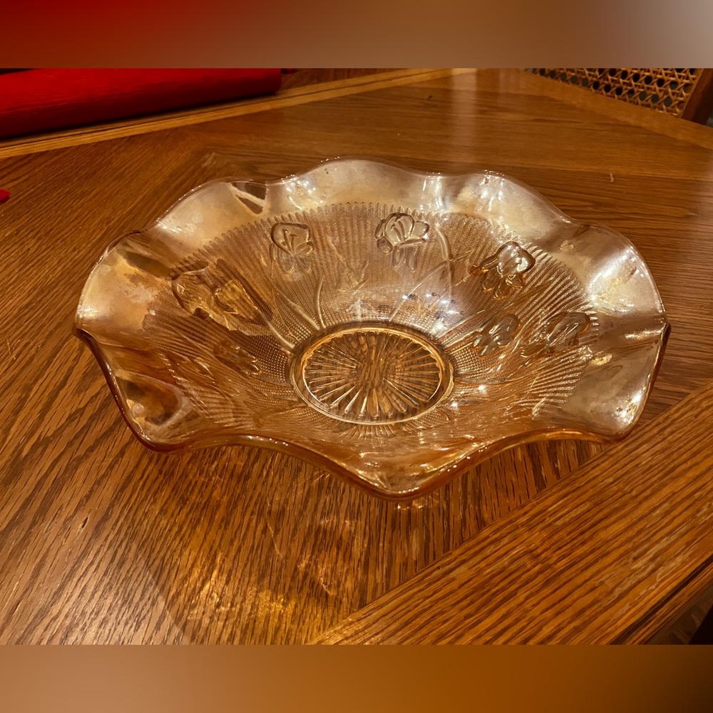 Iris & Herringbone Vintage 1950’s Orange Marigold Iridescent Glass Serving Bowl